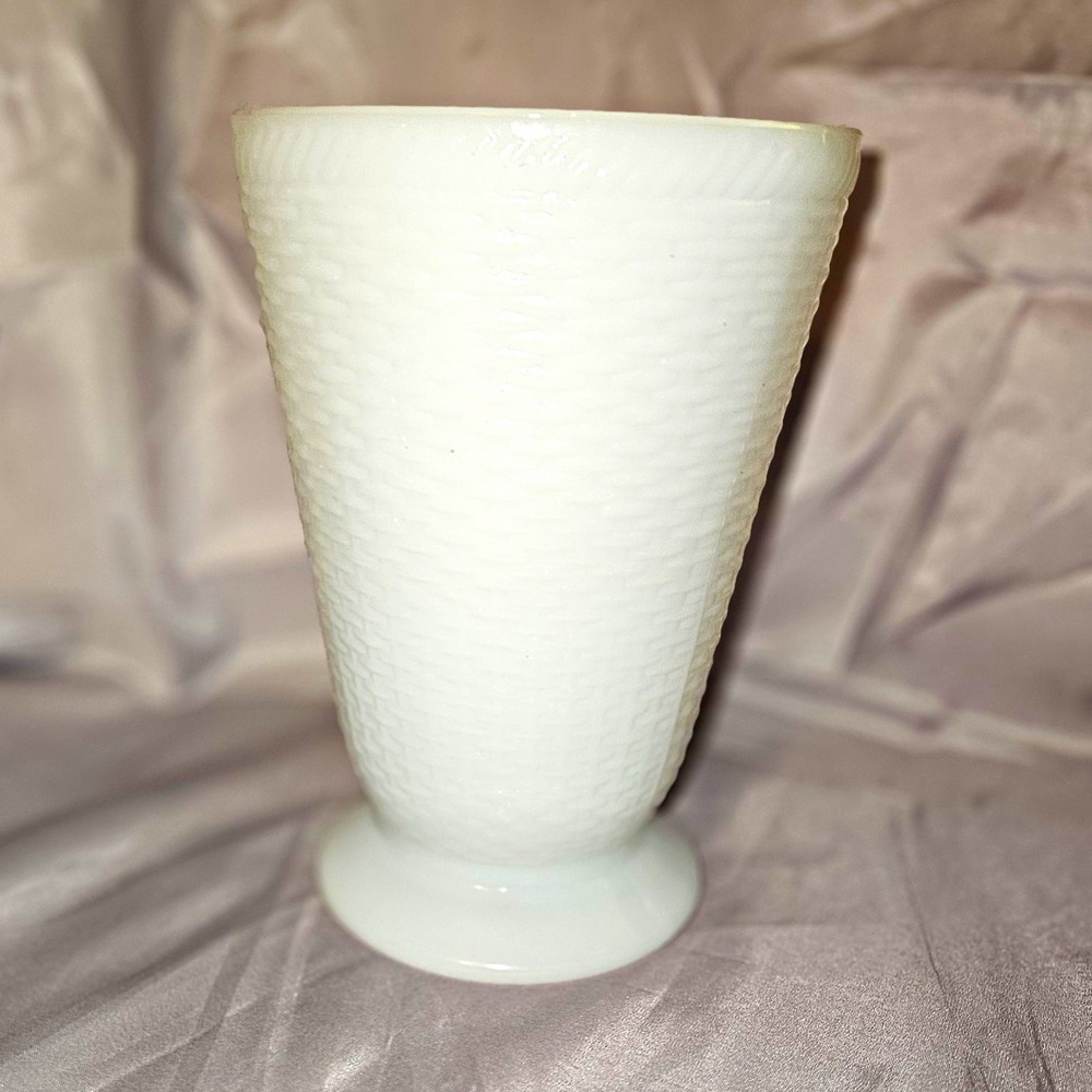 Vintage White Milk Glass Basket Weave Footed Vase 8.5 Inch Tall